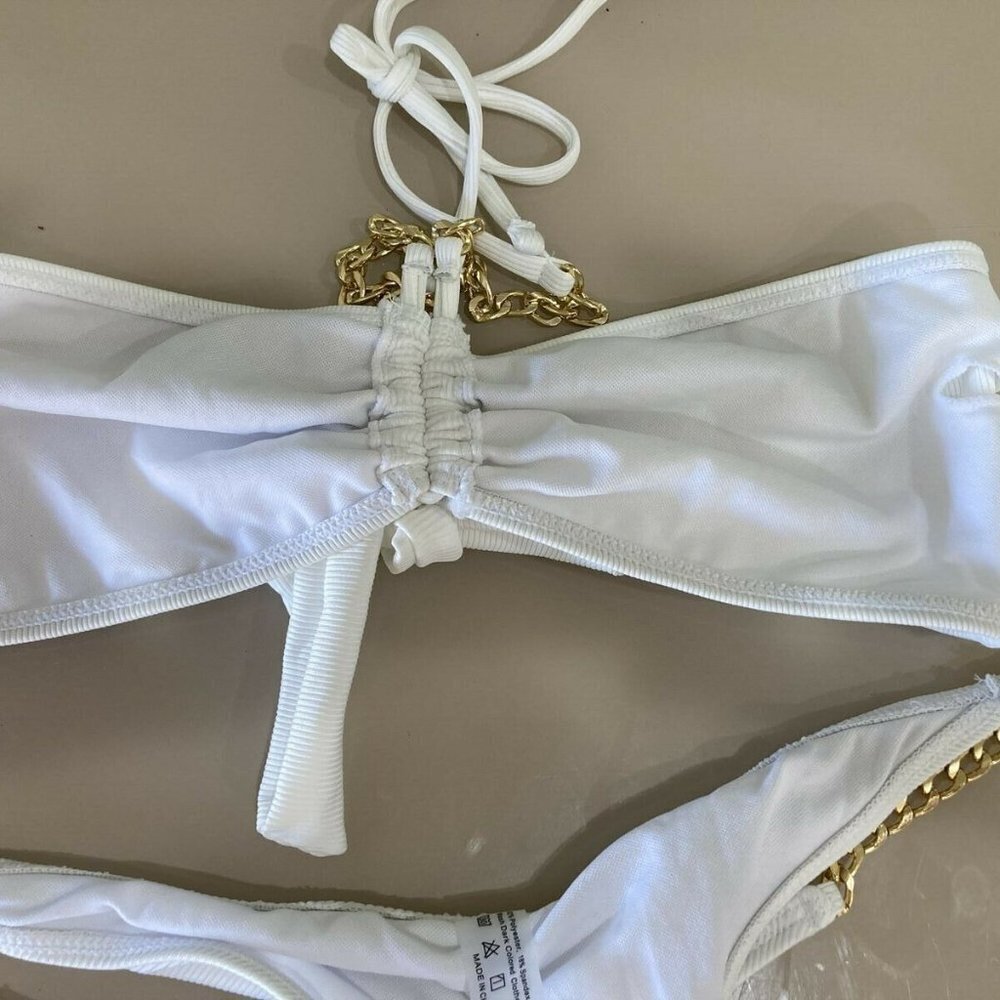 White Thong Bikini 2-piece gold chains sz L removeable cups - Picture 5 of 15